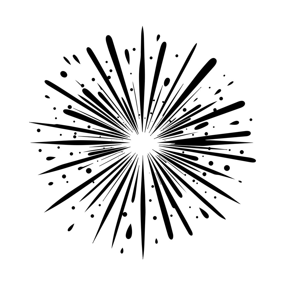 Black starburst of tapered rays with scattered dots and specks radiating from an open center
