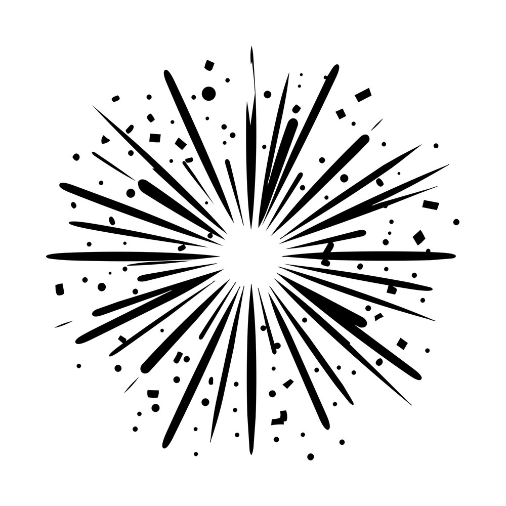 Black confetti burst sticker with long tapered rays, scattered dots and small squares
