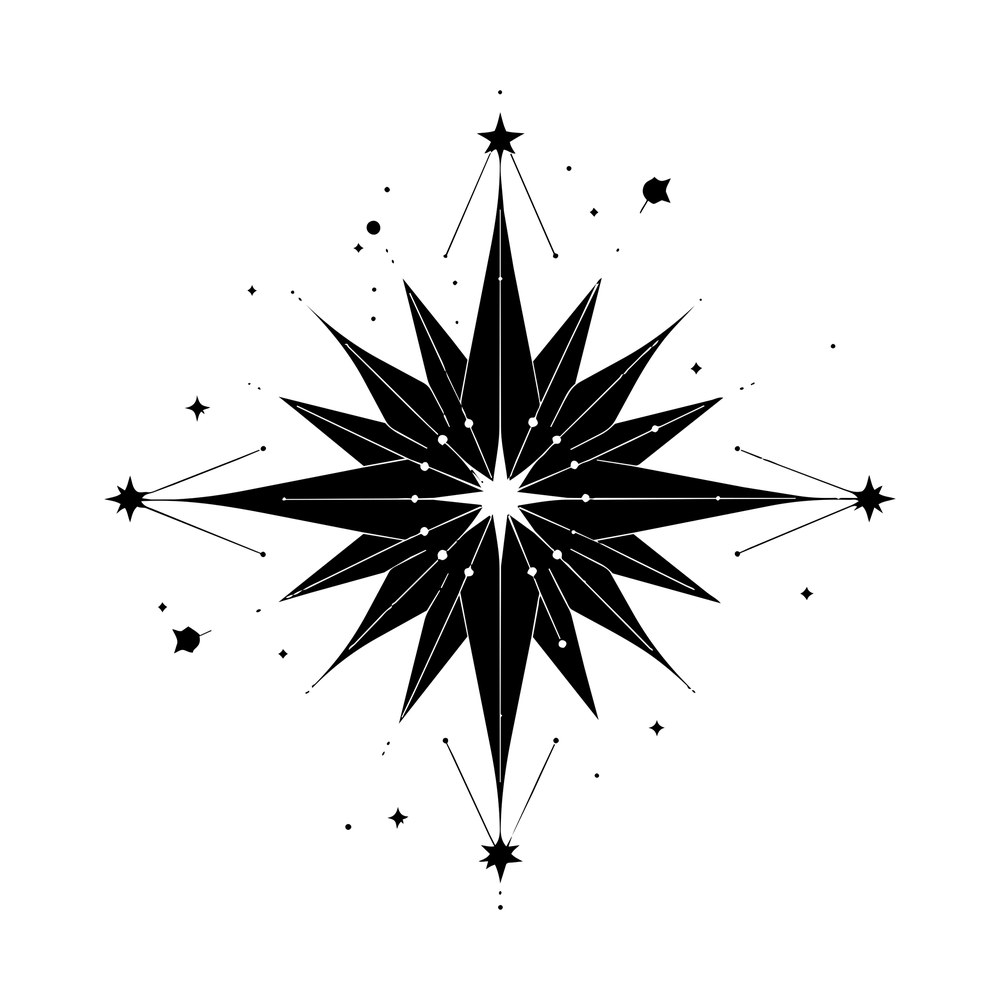 Eight-point star burst with thin constellation lines, dot stars and scattered sparkles