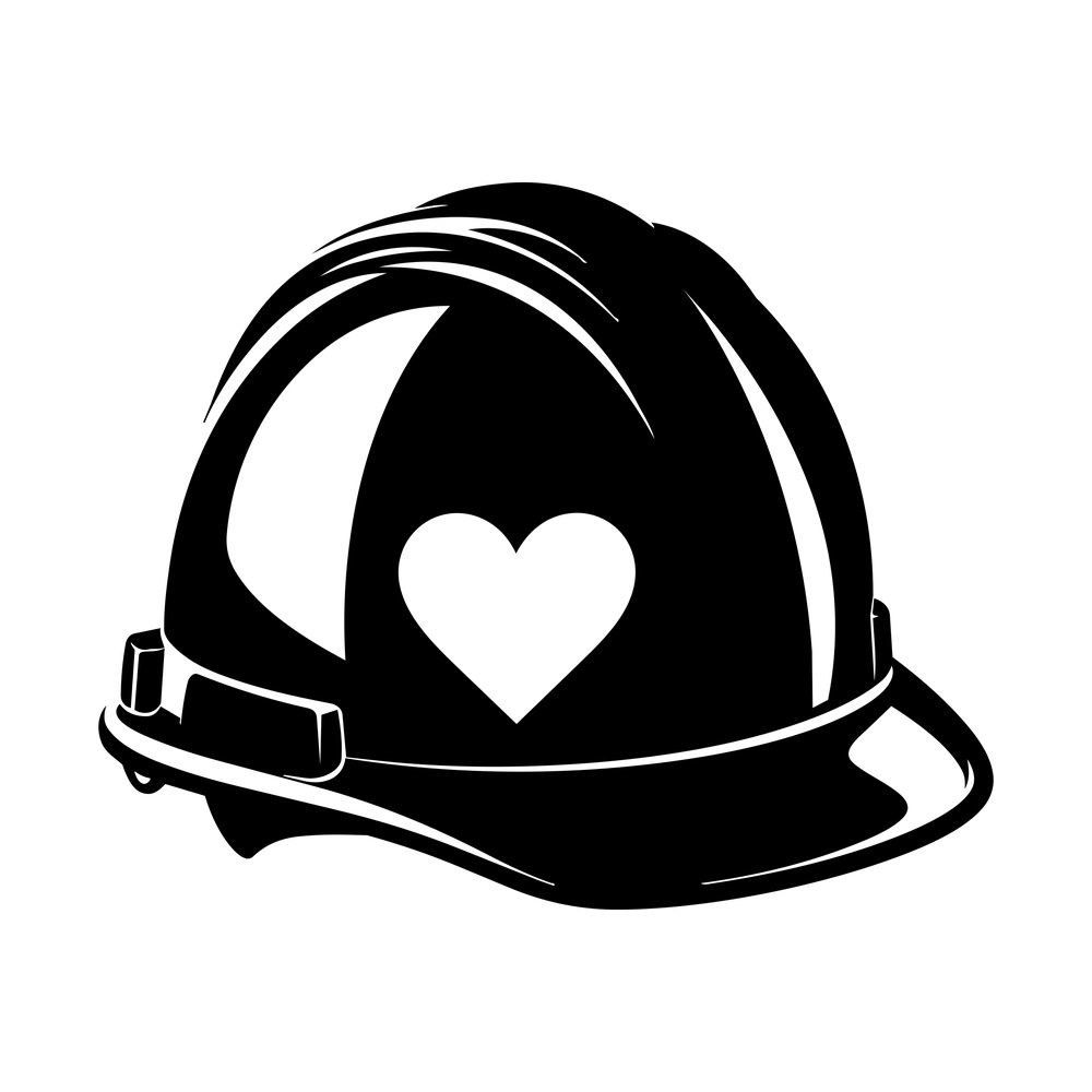 Side view silhouette of a construction hard hat with a heart shape cut from the shell