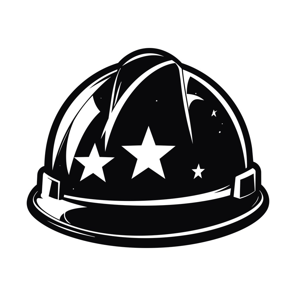 Black construction hard hat silhouette with three white stars and small sparkles on the shell