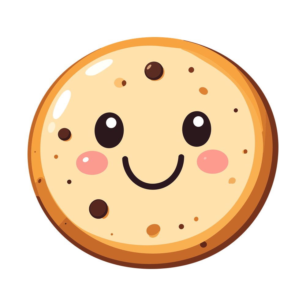Cartoon chocolate chip cookie with smiling face, dark eyes and pink blush cheeks