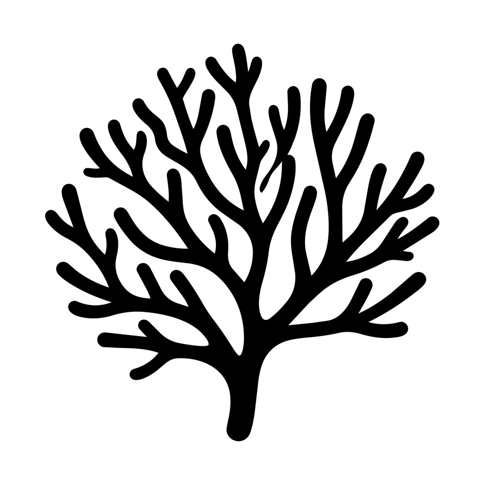 Black silhouette sticker of a branching coral with many forked twigs and rounded tips