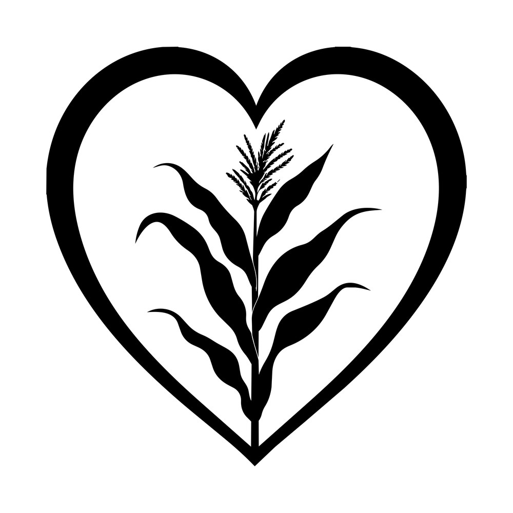 Corn stalk with curved leaves and tassel inside a black heart-shaped outline frame