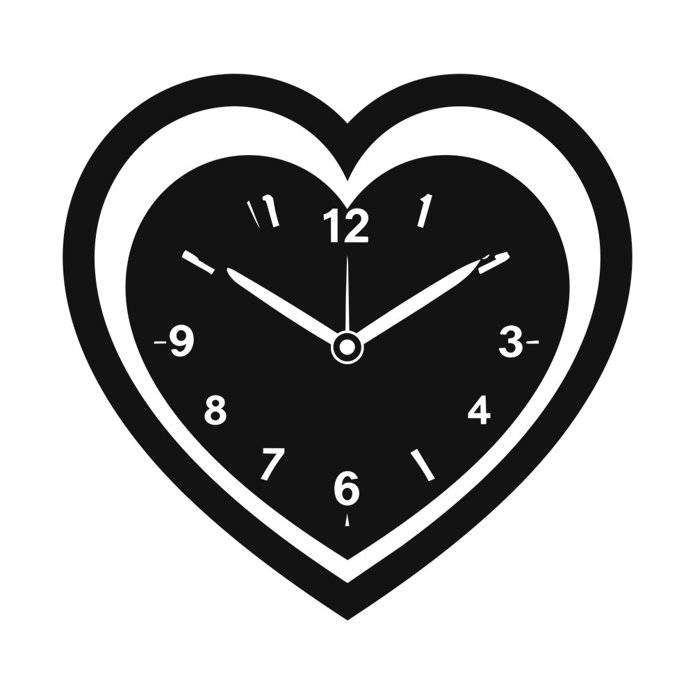 Heart-shaped clock face with numerals and hands, surrounded by a heart outline