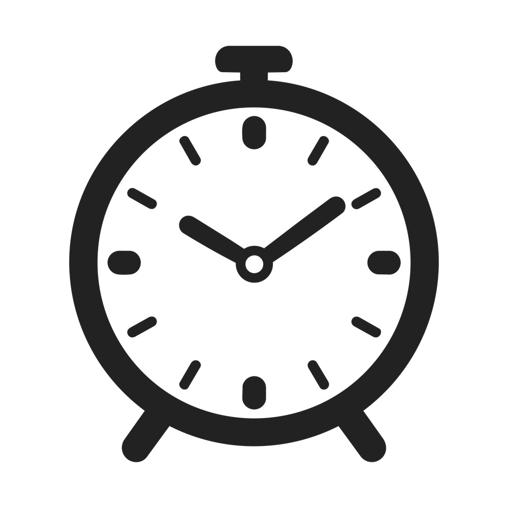 Black alarm clock decal with round case, two feet, tick marks and clock hands