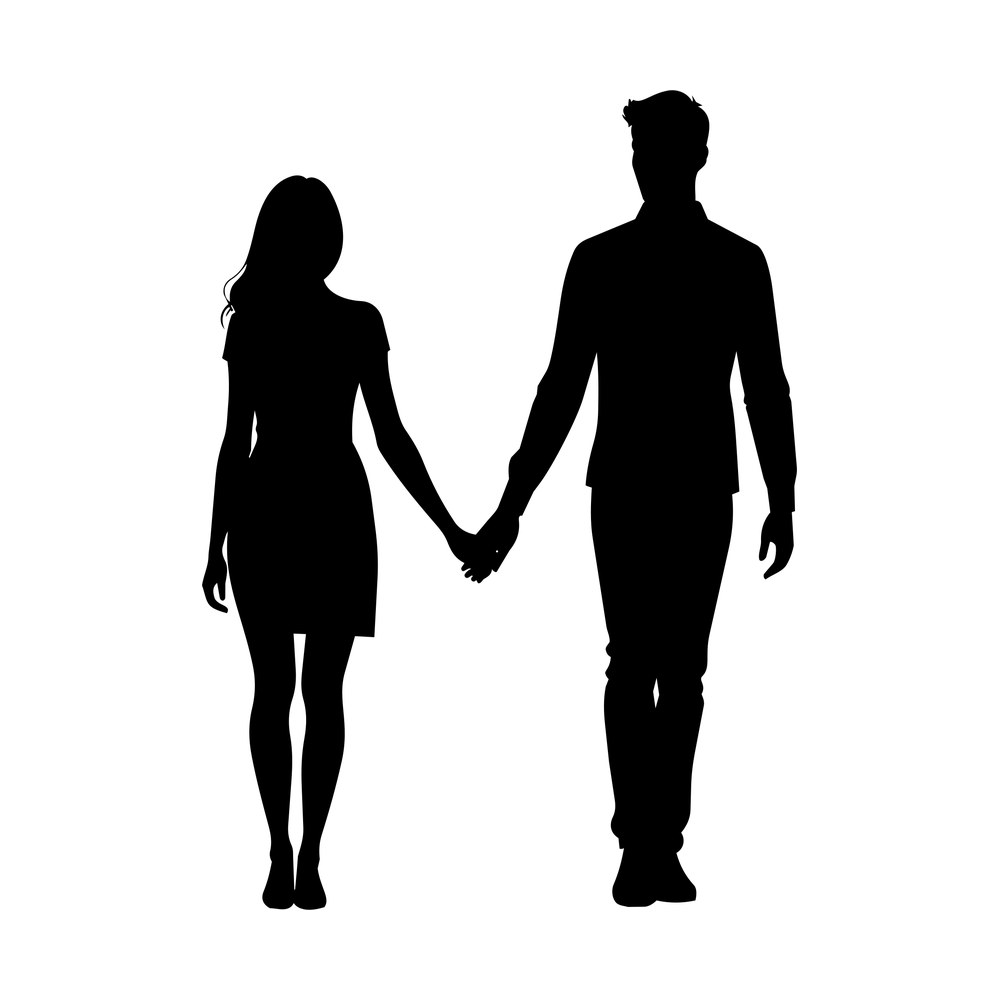 Black silhouette of a woman in a dress and a man in jeans walking while holding hands
