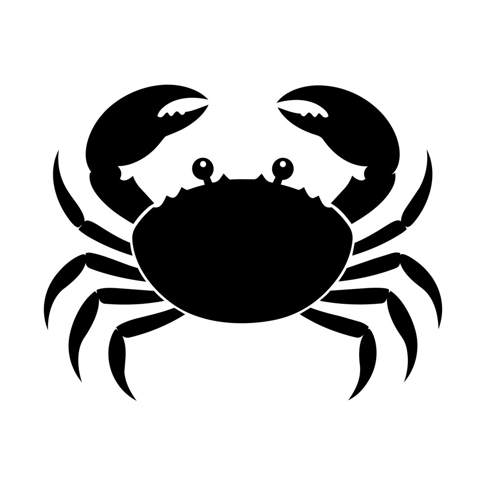 Black crab sticker facing forward with raised pincers, stalk eyes and six pointed legs