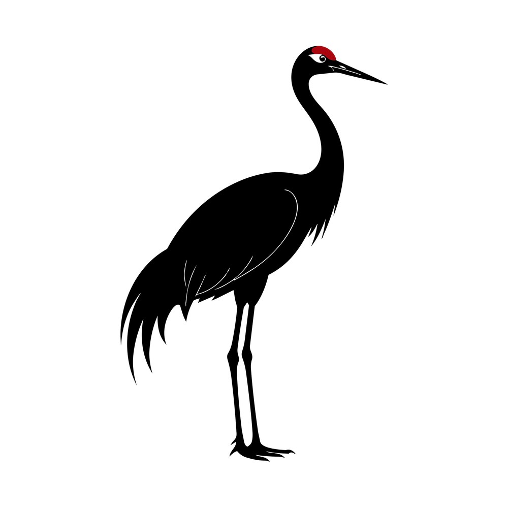 Black standing crane bird silhouette with long neck, feathered tail and a red crown patch
