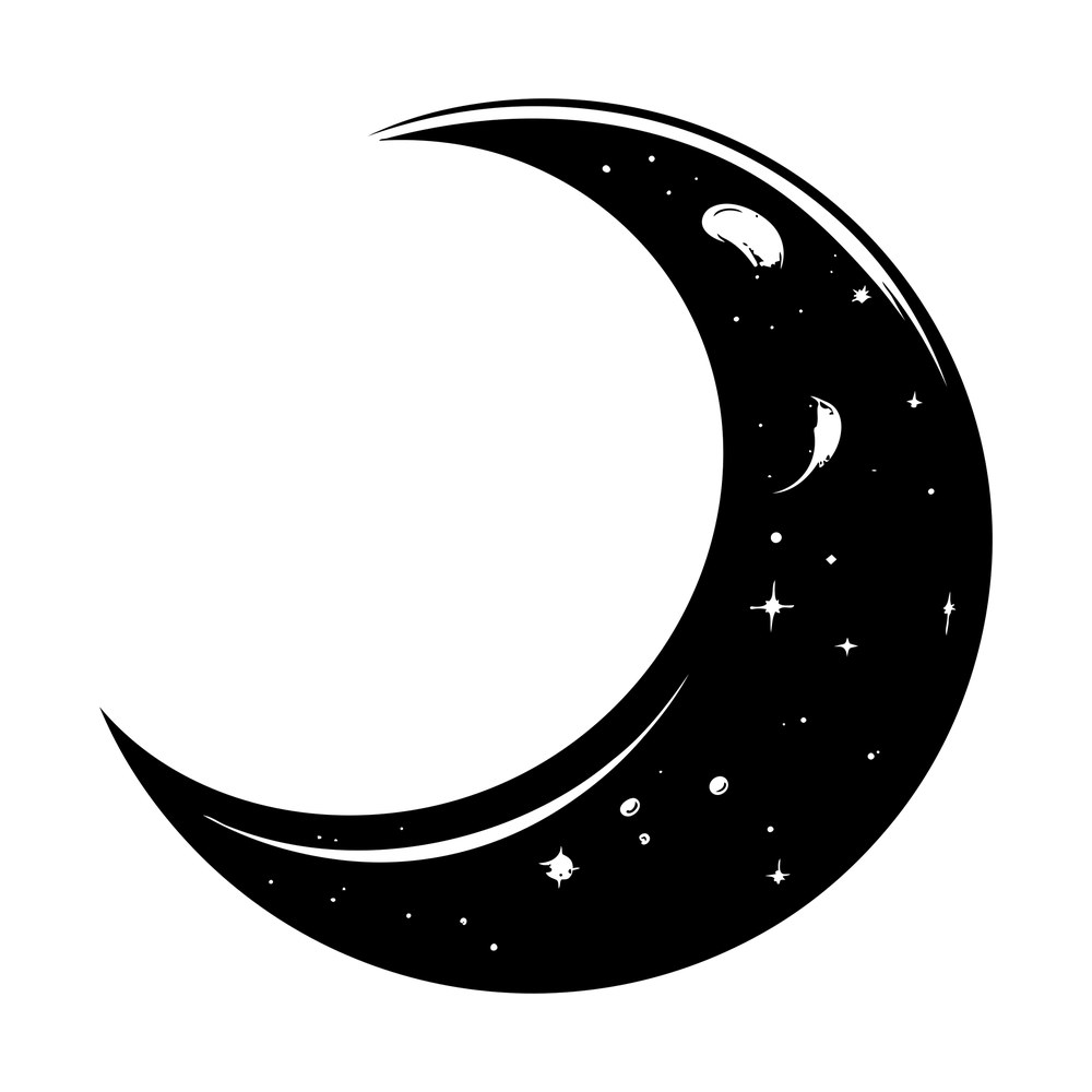 Black crescent moon sticker filled with small stars, sparkles, craters and a tiny inner moon