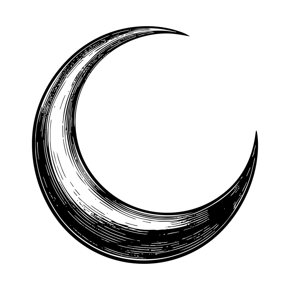 Crescent moon illustration with fine ink hatching along the inner curve, opening right