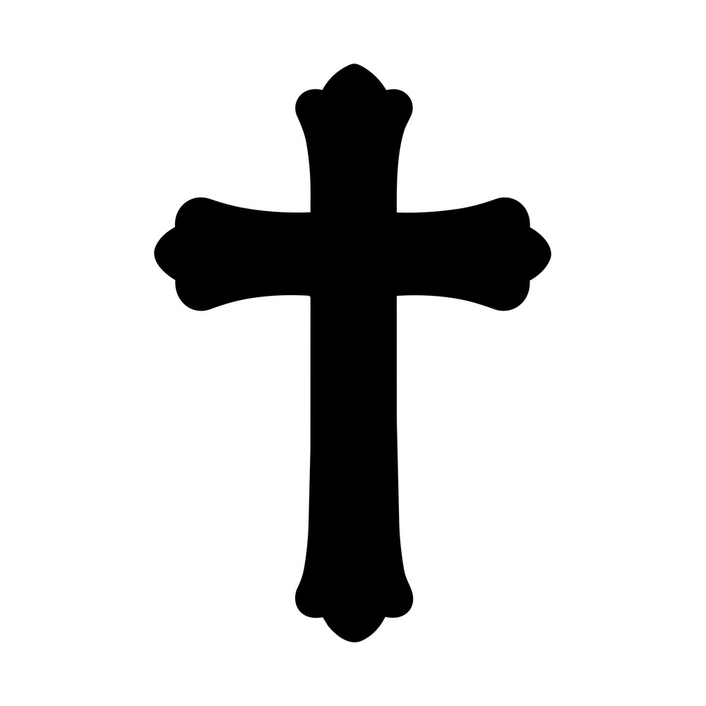 Solid black ornate Christian cross with budded three-lobed arm ends and flared upright