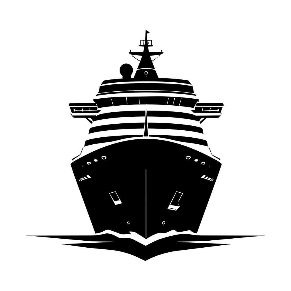 Black silhouette of a cruise ship viewed head-on with decks, lifeboats and waves