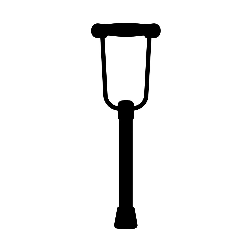 Black silhouette of a single underarm crutch with padded top, side rails and rubber tip