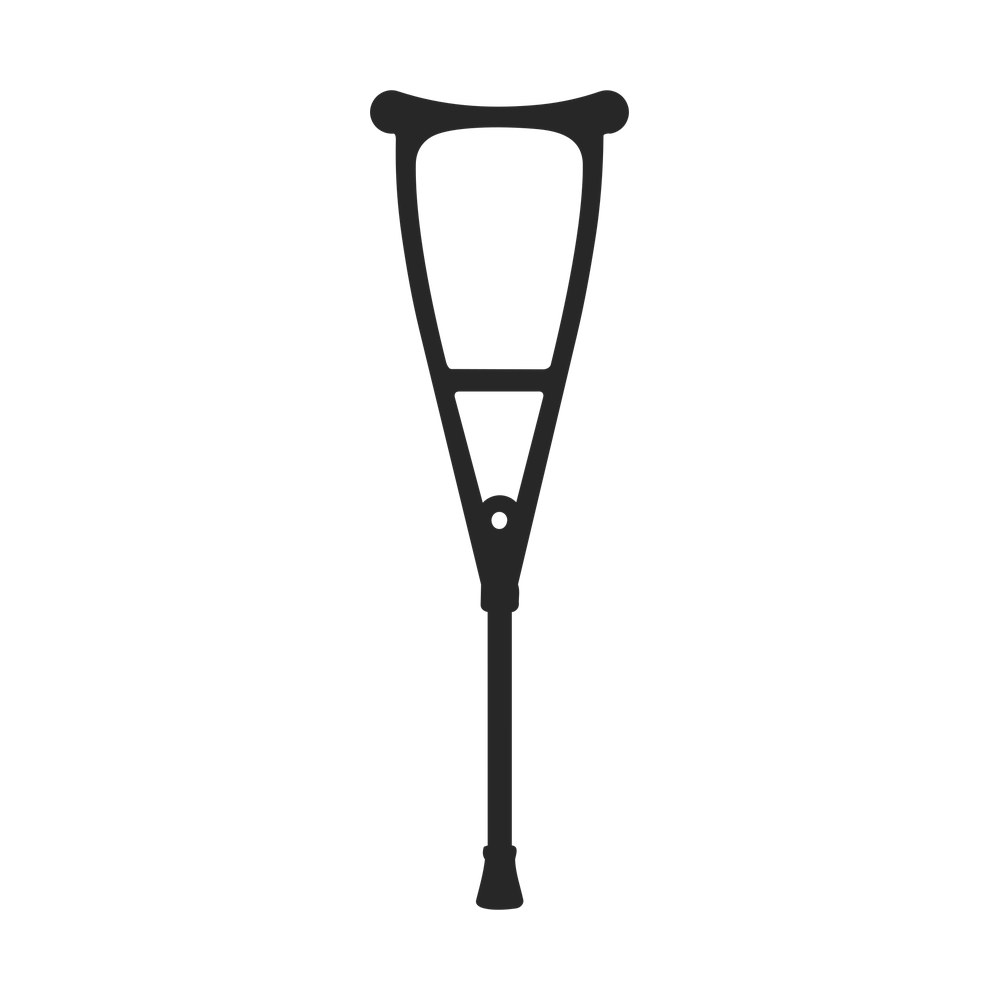 Single underarm crutch silhouette with padded top bar, hand grip and rubber tip