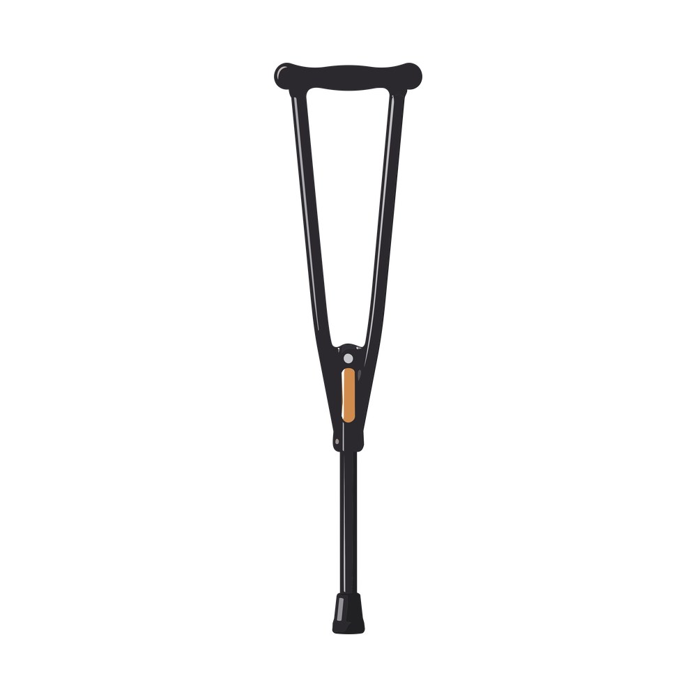Black underarm crutch with padded top, hand grip, amber adjustment clip and rubber tip