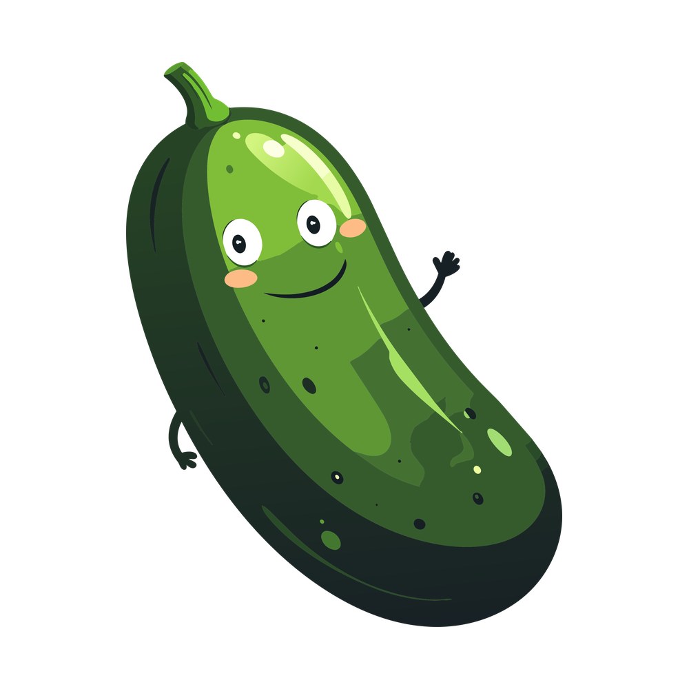 Cartoon cucumber with a smiling face, blush cheeks and one arm raised in a wave