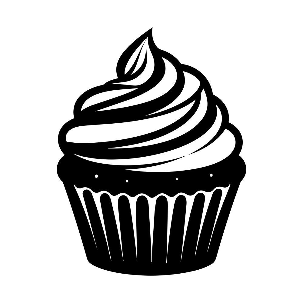 Black and white cupcake with a tall swirled frosting top and ribbed paper liner