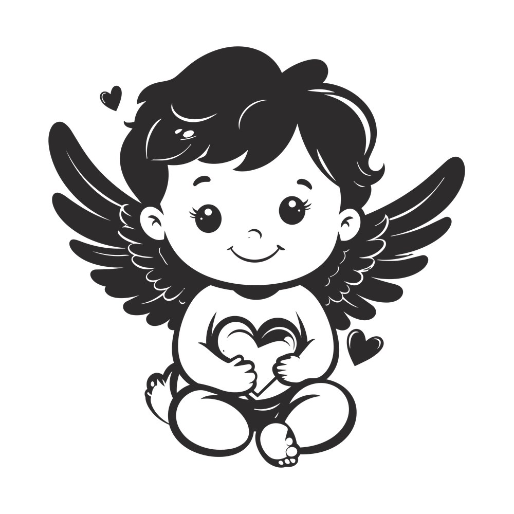 Cartoon baby cupid with feathered wings sitting and holding a heart, small hearts floating