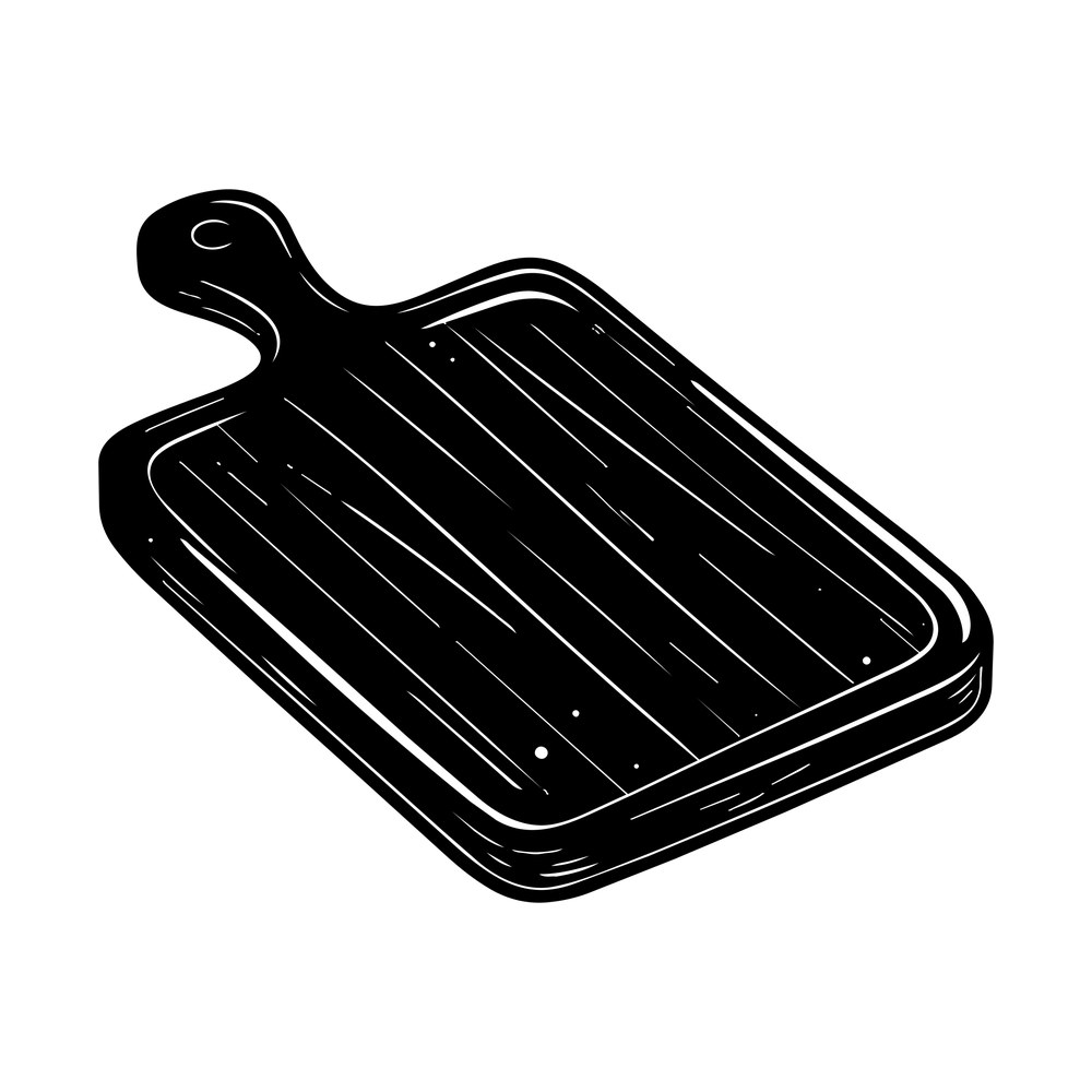 Black woodcut style cutting board with a handle hole and white grain lines, angled view