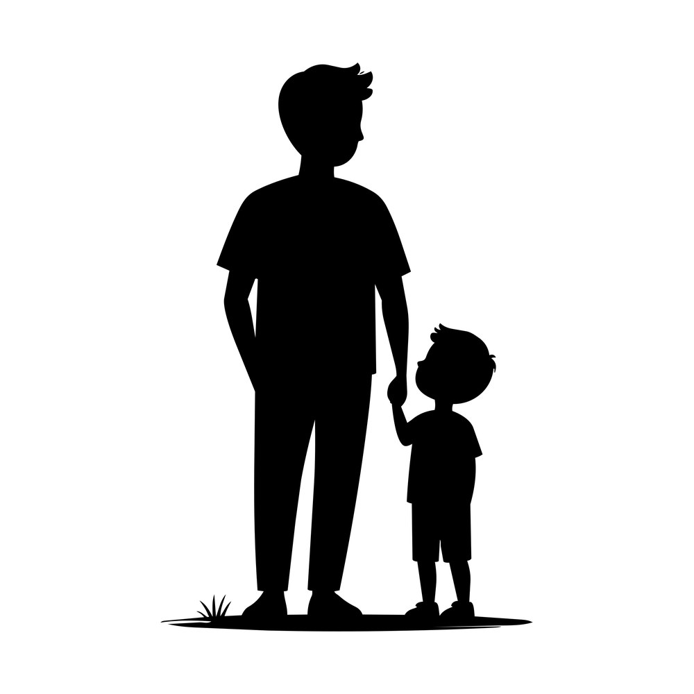 Black silhouette of a father holding his young son's hand while the boy looks up at him