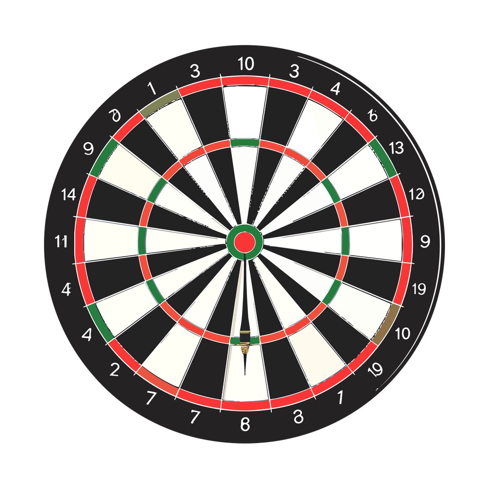 Dartboard with numbered black and cream segments, red and green rings and one dart in the board