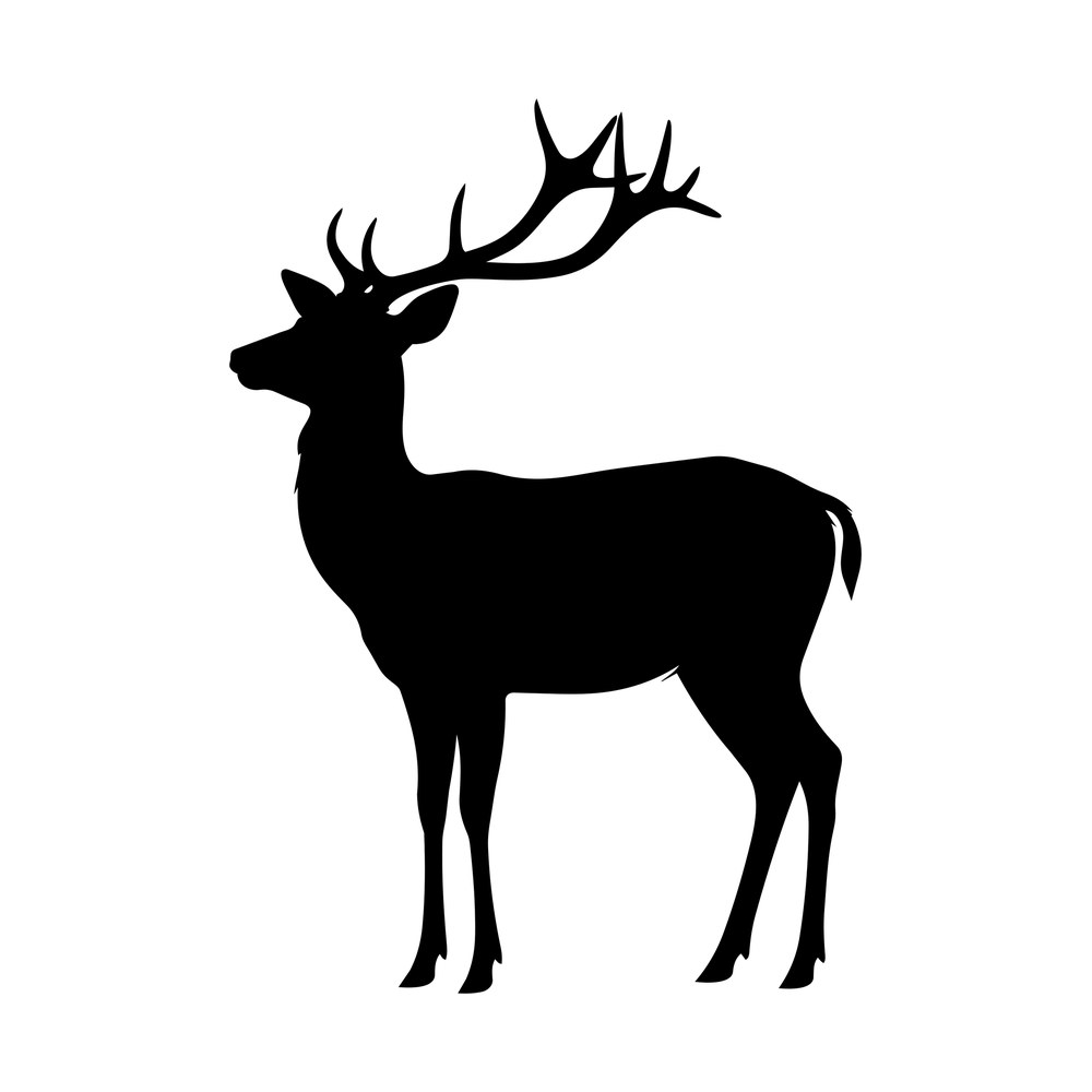 Black silhouette of a standing deer stag in profile with tall branching antlers and split hooves