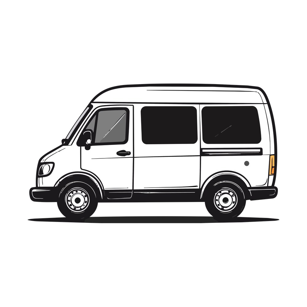 Line art drawing of a delivery cargo van in side view with tinted windows and shadow