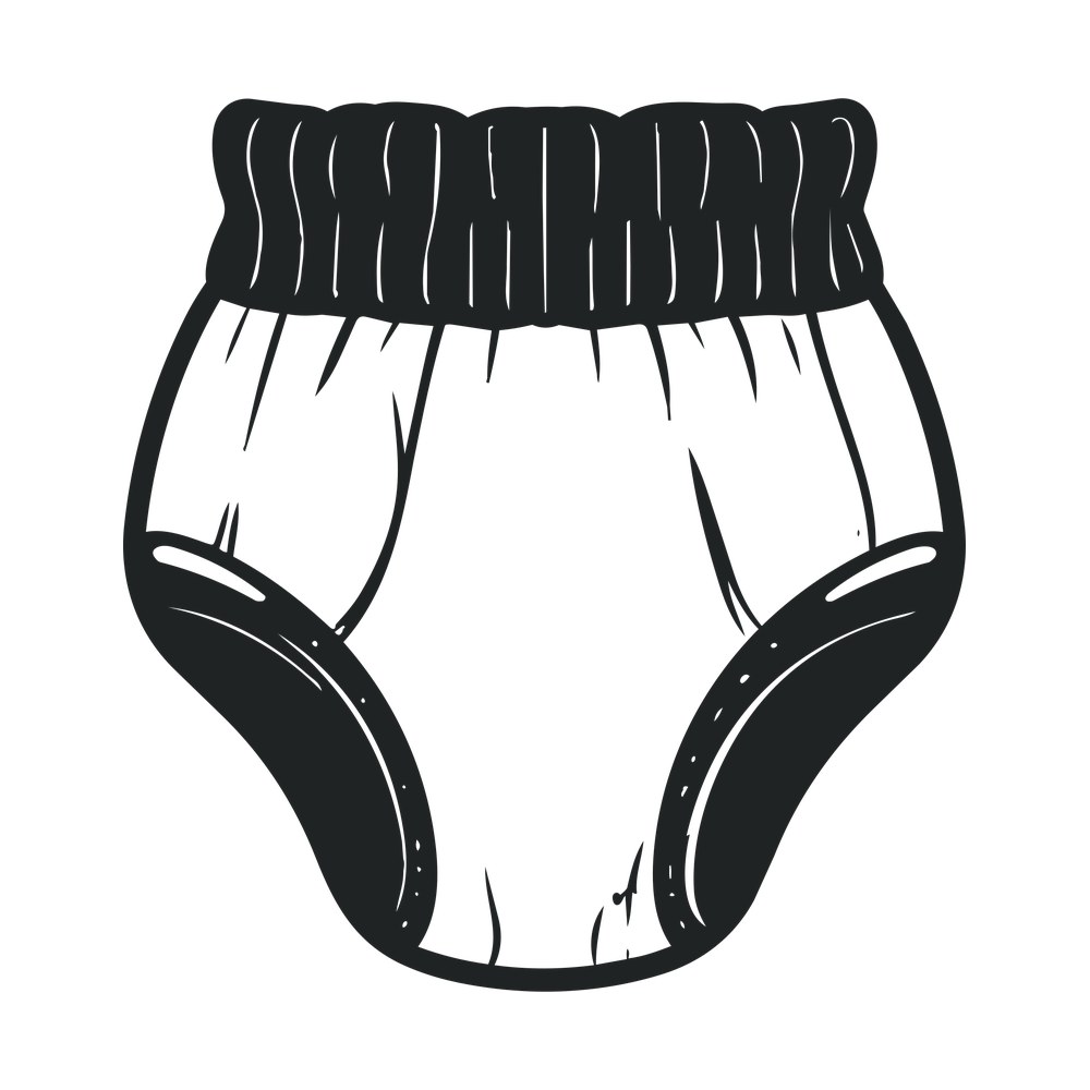 Hand-drawn baby diaper cover with a ribbed waistband and sketchy fold lines, black on white