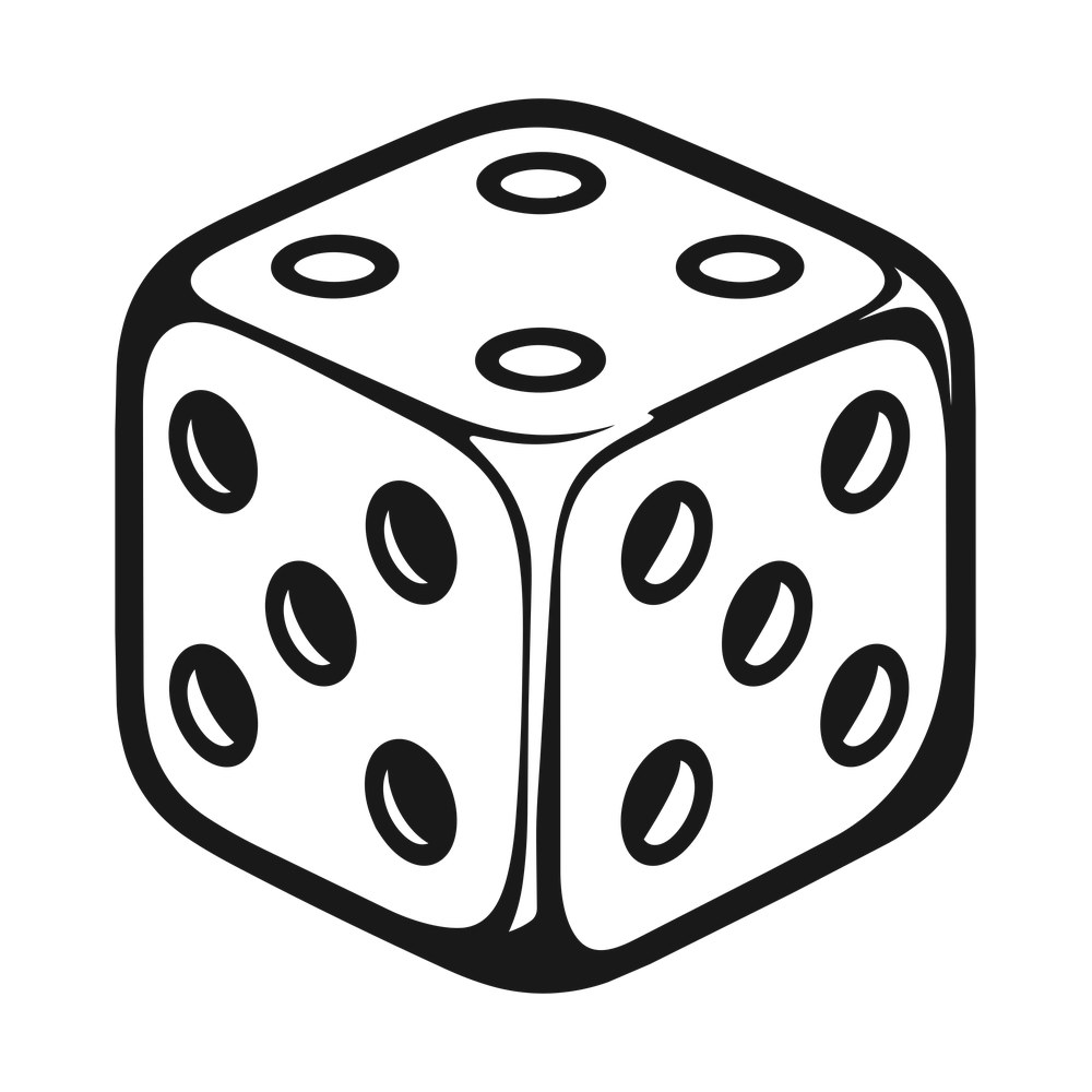 Single six-sided die in three-quarter view with thick black outlines and open ring pips