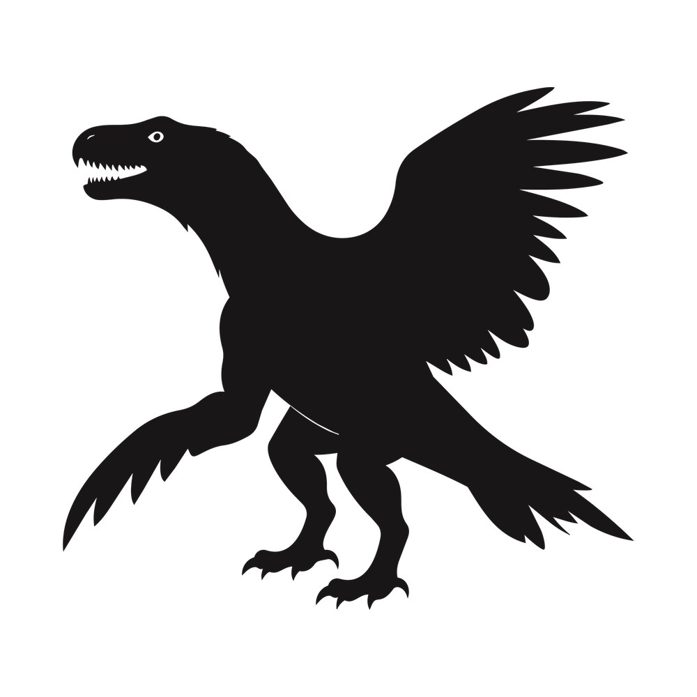 Black silhouette of a feathered raptor dinosaur standing with wings spread, open jaw and clawed feet