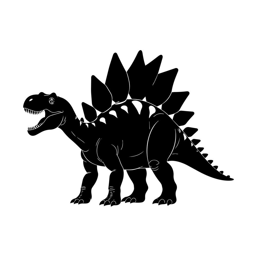 Black silhouette of a stegosaurus in side view with back plates, spiked tail and open toothy jaw