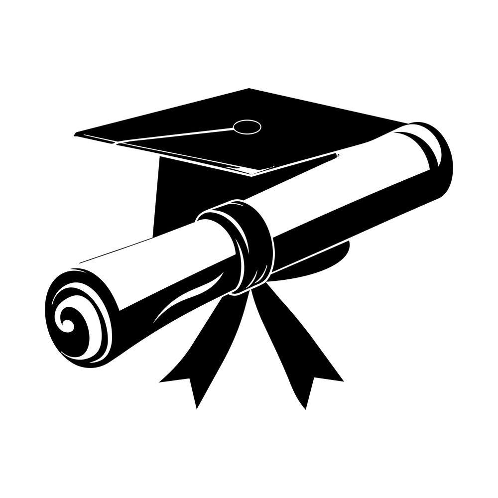 Graduation mortarboard cap with tassel behind a rolled diploma scroll tied with a ribbon