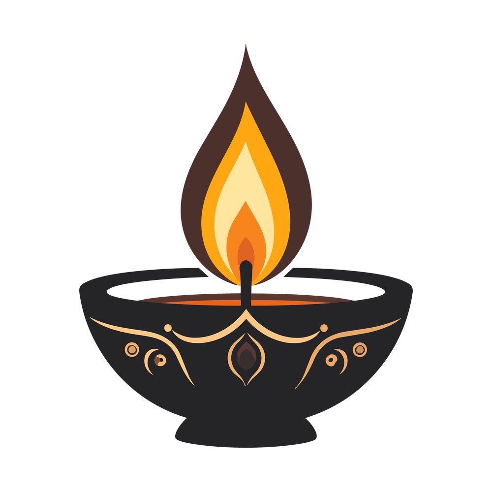 Lit diya oil lamp with orange layered flame and gold decorative pattern on a dark clay bowl