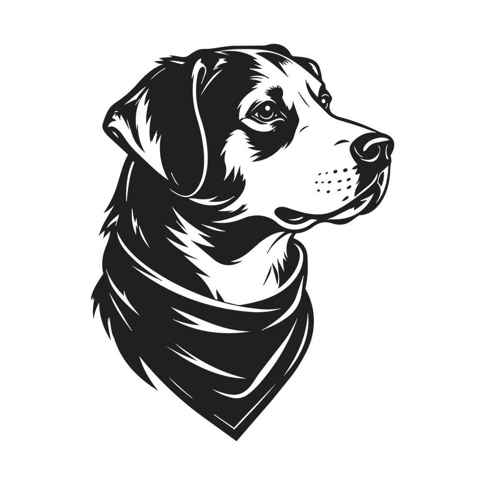 Bold black and white side profile of a dog head wearing a knotted bandana around its neck