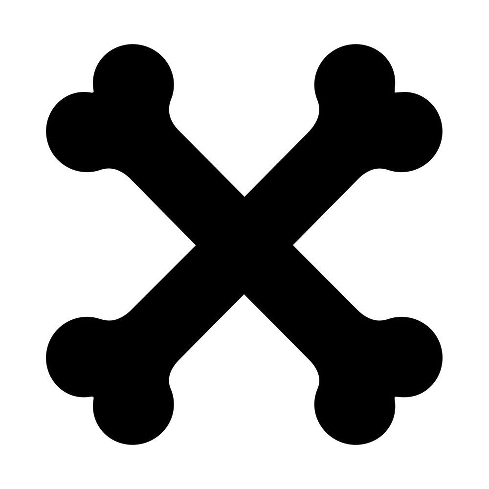 Two thick dog bones crossed in an X shape, solid black silhouette on a white background
