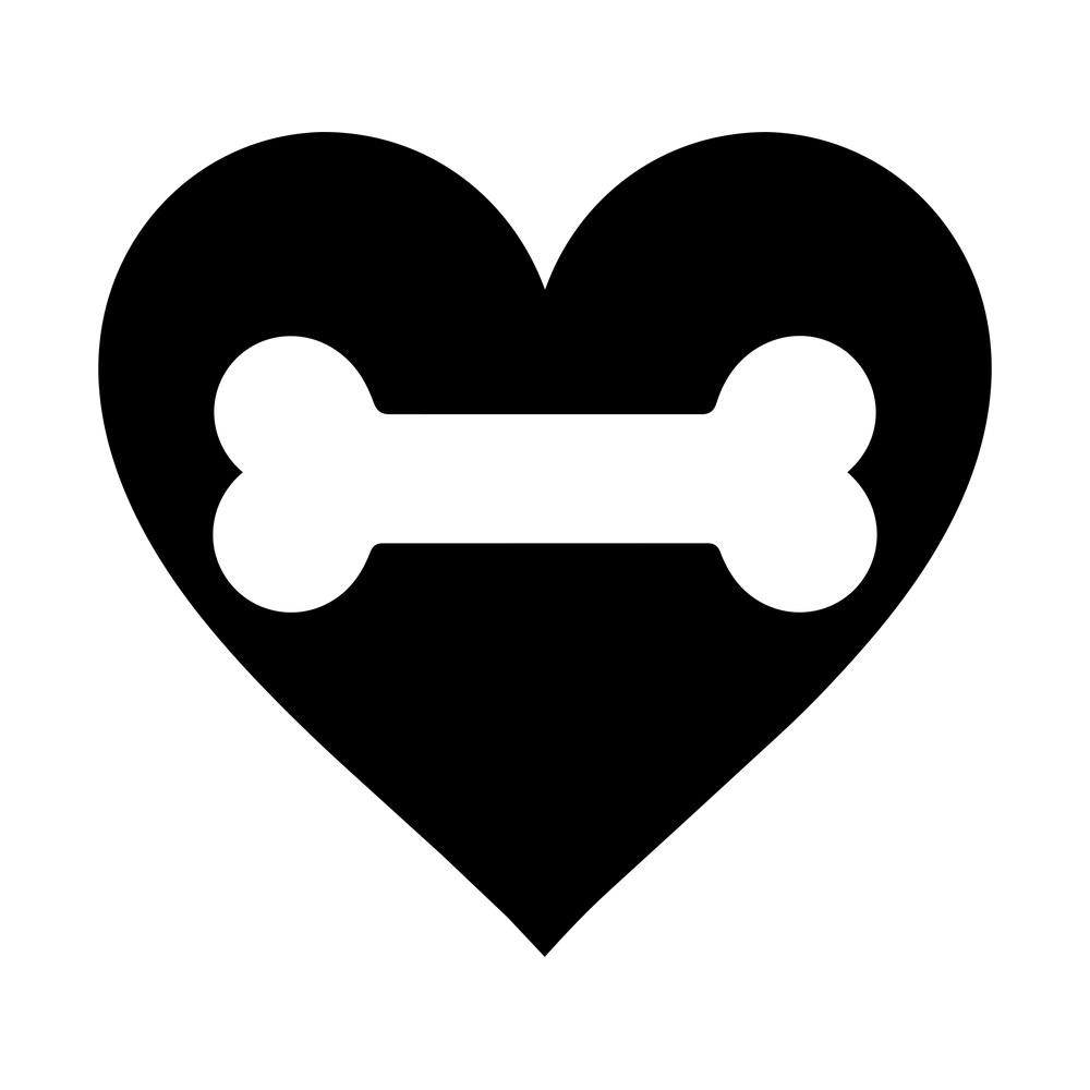 Solid heart shape with a dog bone silhouette cut out through the middle, black on white