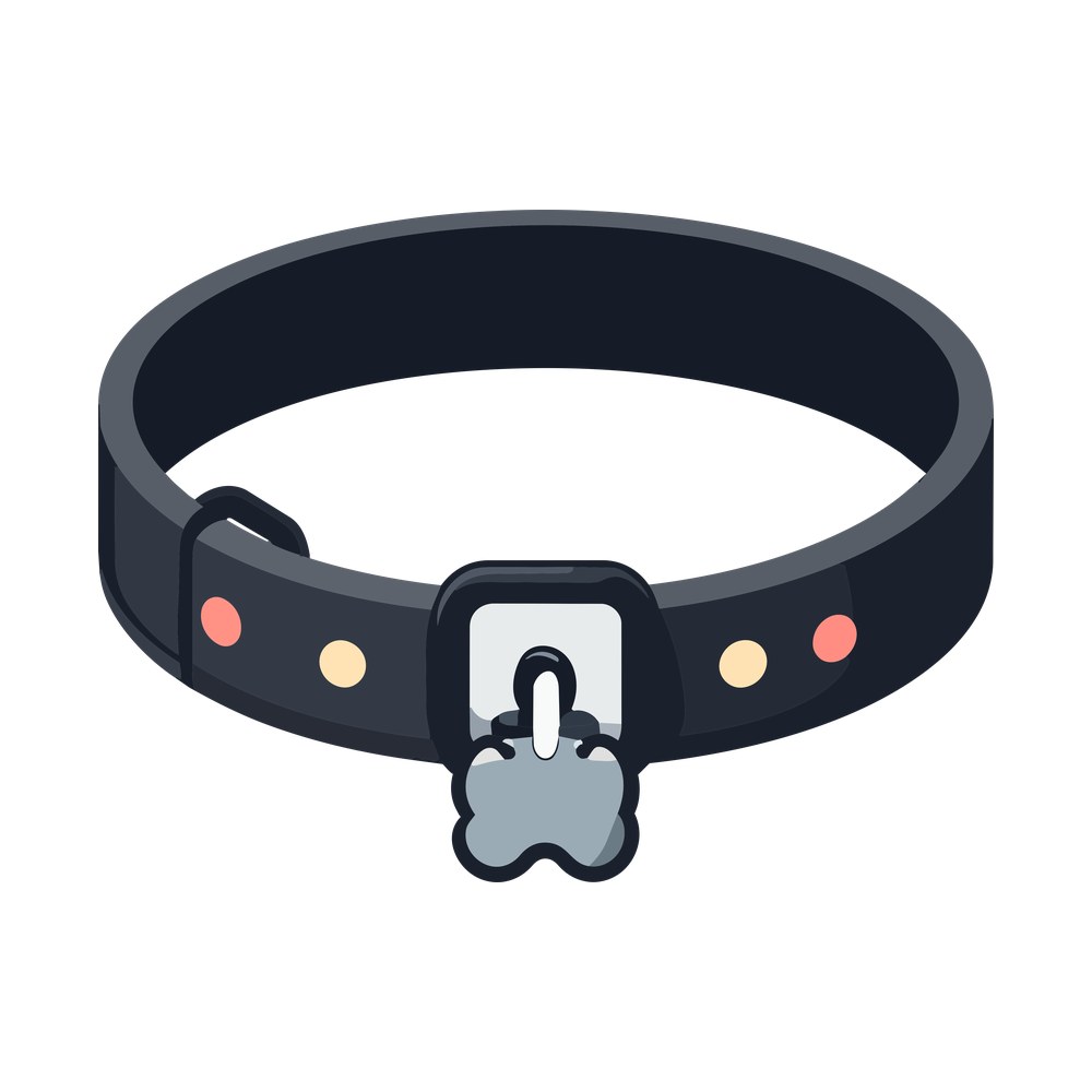 Cartoon charcoal dog collar with silver buckle, blank bone tag and coral and cream studs