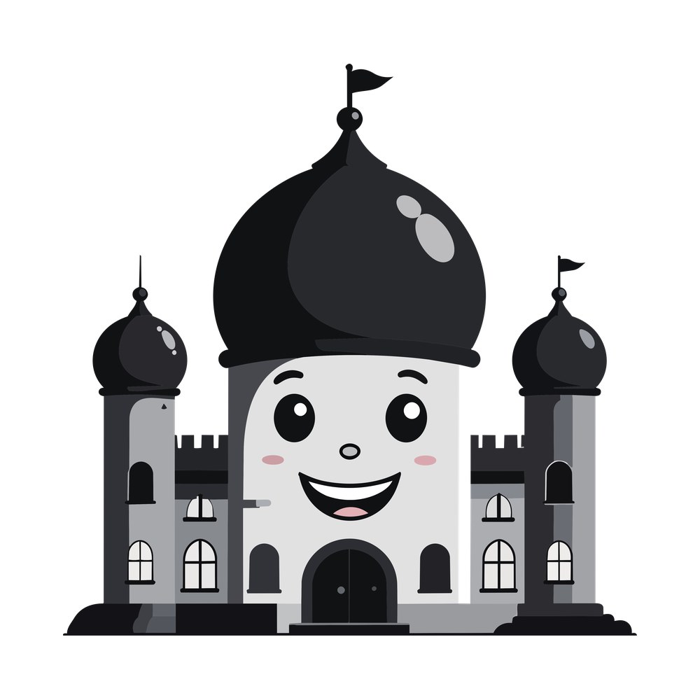 Cartoon palace with a large onion dome, two flagged turrets, arched windows and a smiling face