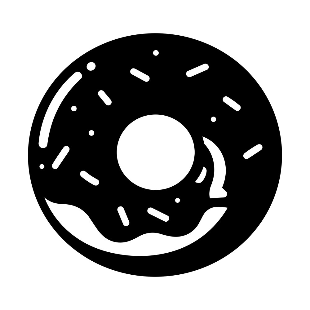 Black and white donut sticker with dripping frosting, center hole and scattered sprinkles