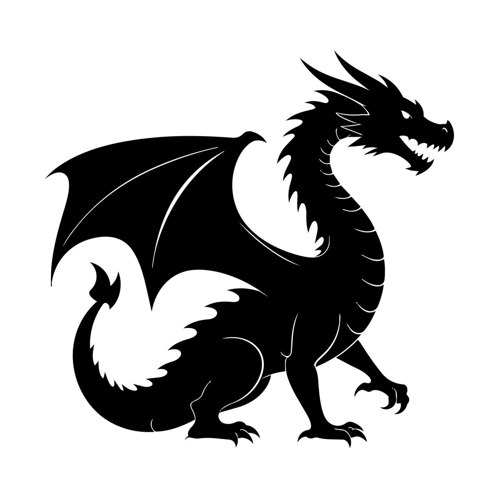Black silhouette of a standing dragon with spread wing, horns, spined back, claws and curled tail