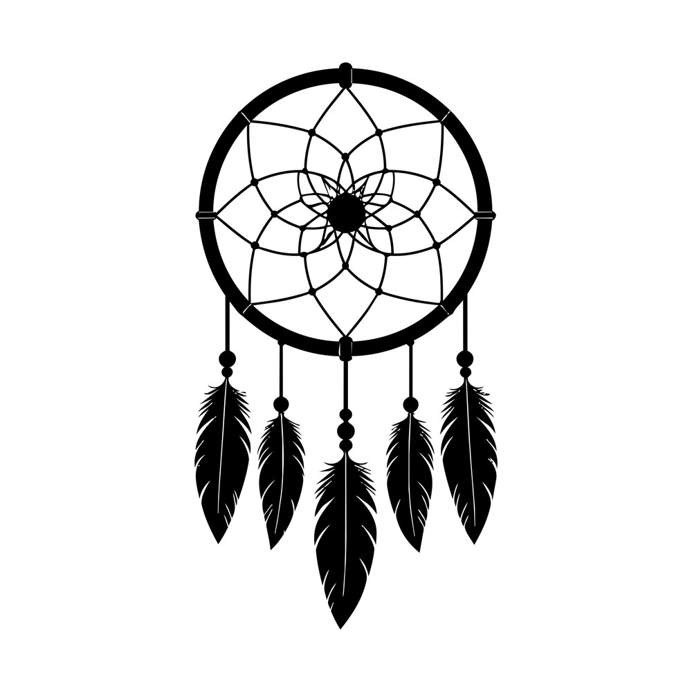 Black dream catcher sticker with a woven flower web in a hoop and five beaded hanging feathers