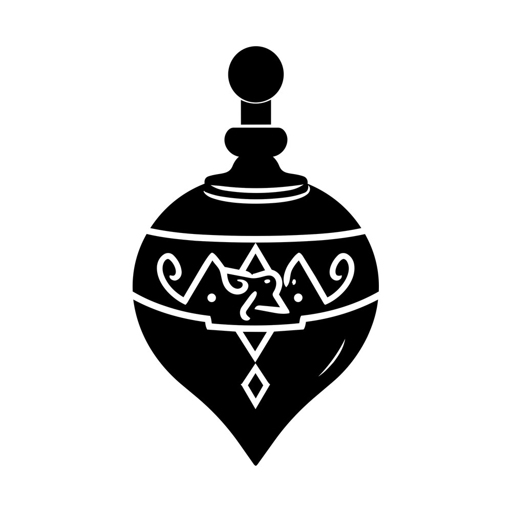 Black spinning top silhouette with knob handle, pointed tip and a decorative band with a star motif