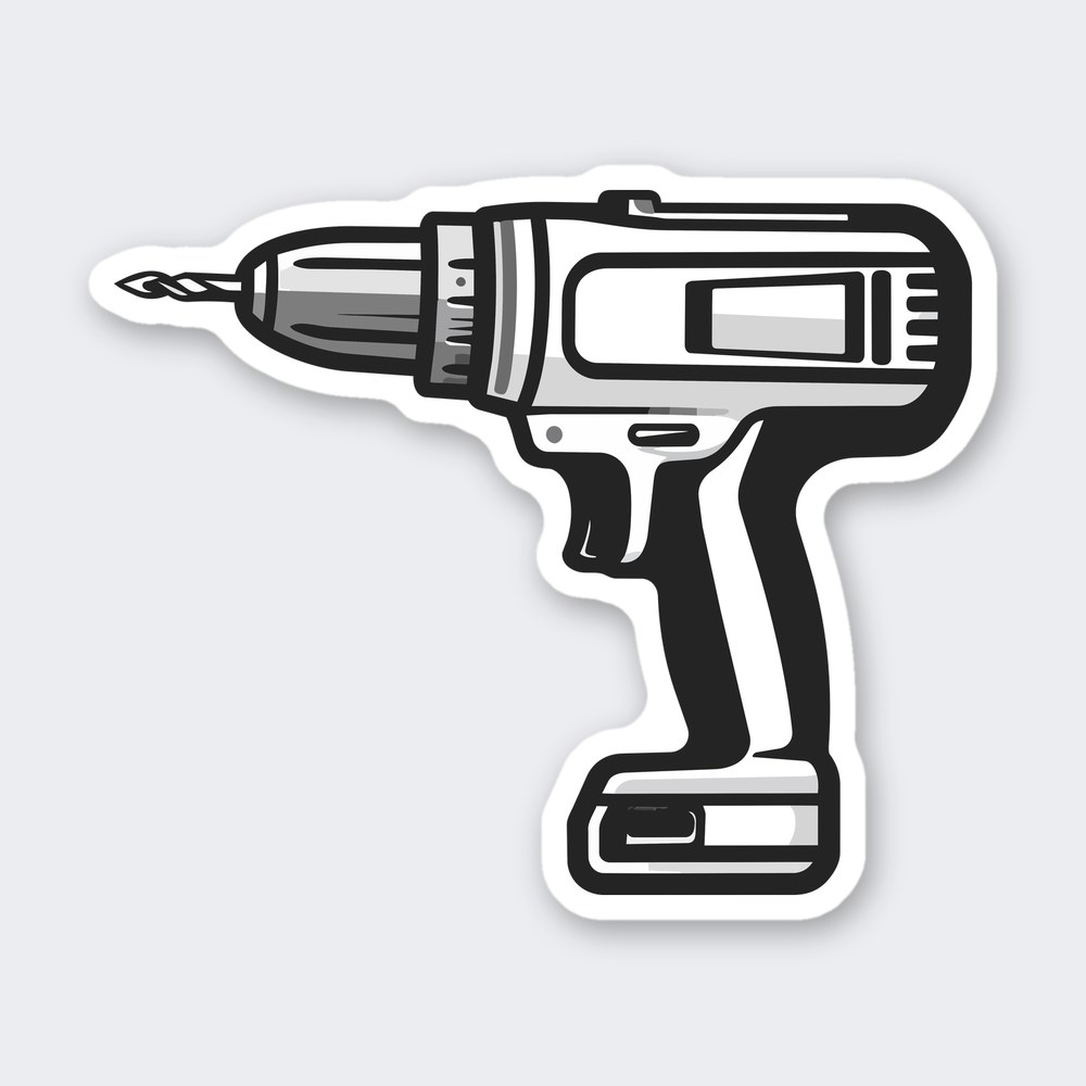 Grayscale cordless power drill sticker in side view with drill bit and battery pack