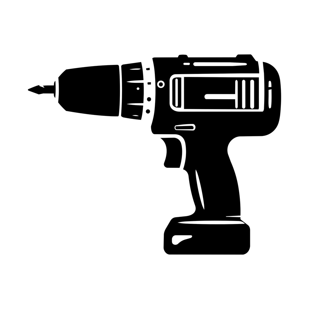 Black silhouette sticker of a cordless power drill with driver bit, trigger grip and battery pack