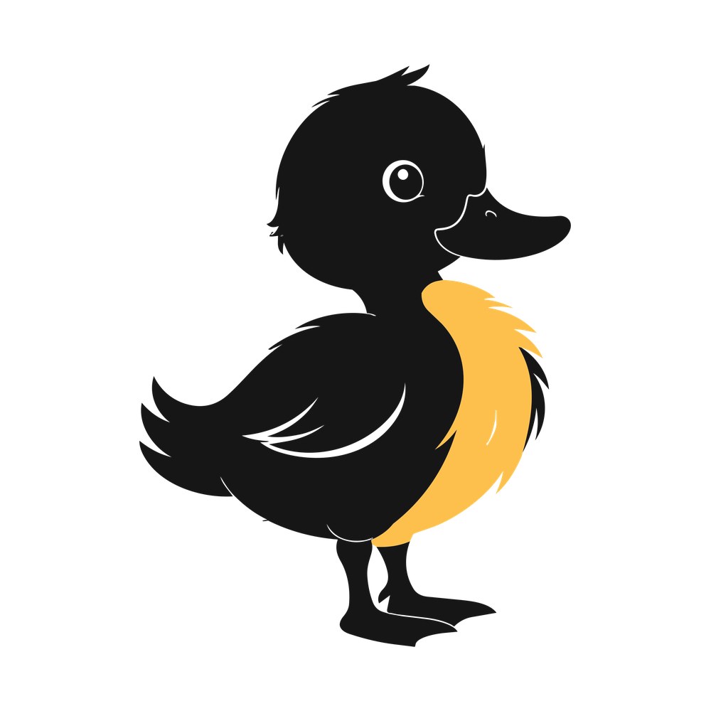 Black baby duckling silhouette in profile with a yellow wing, round eye and flat bill