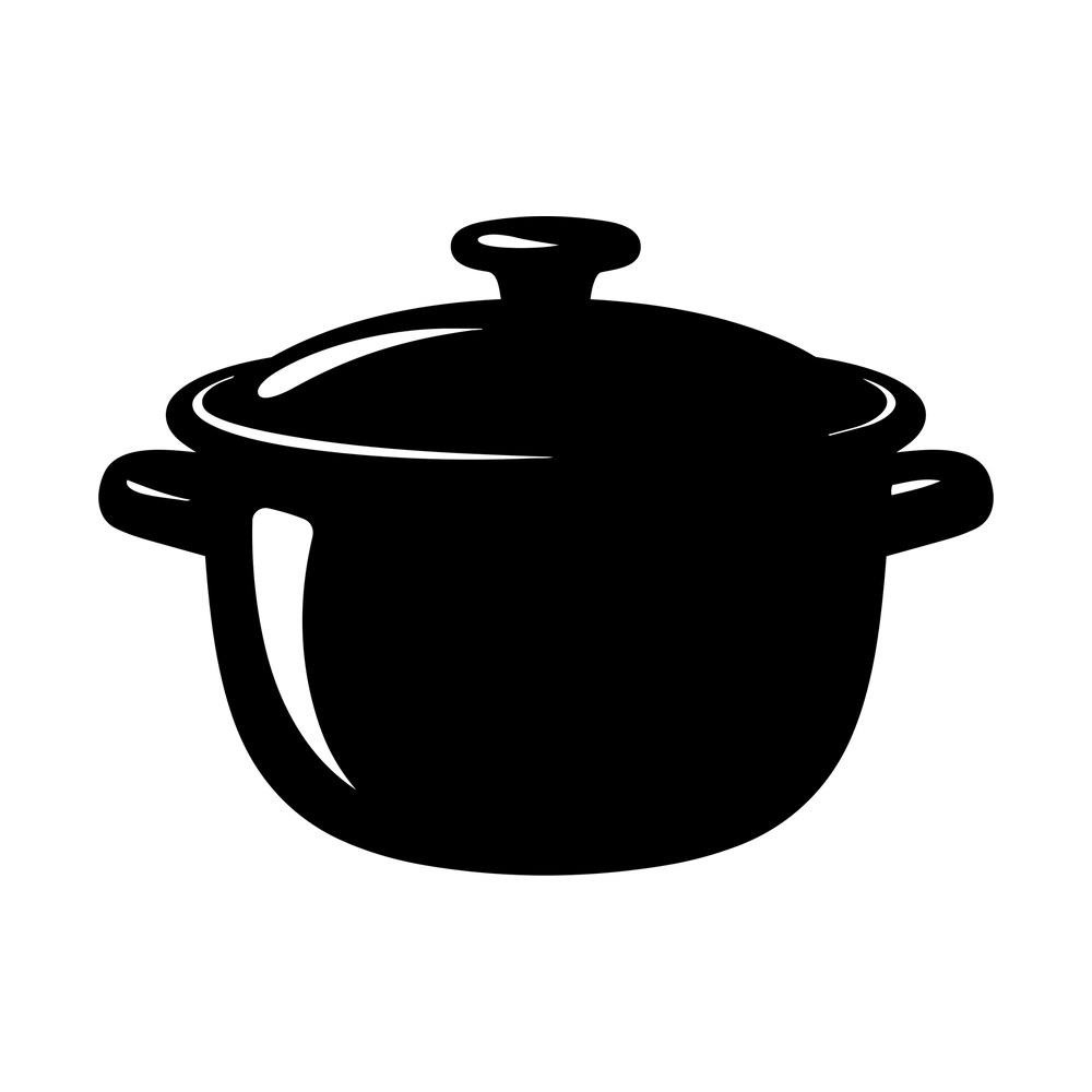 Black silhouette sticker of a Dutch oven pot with a domed lid, knob handle and two side handles