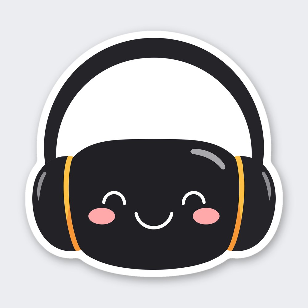 Cartoon black earmuffs with a smiling face, pink cheeks and orange side straps