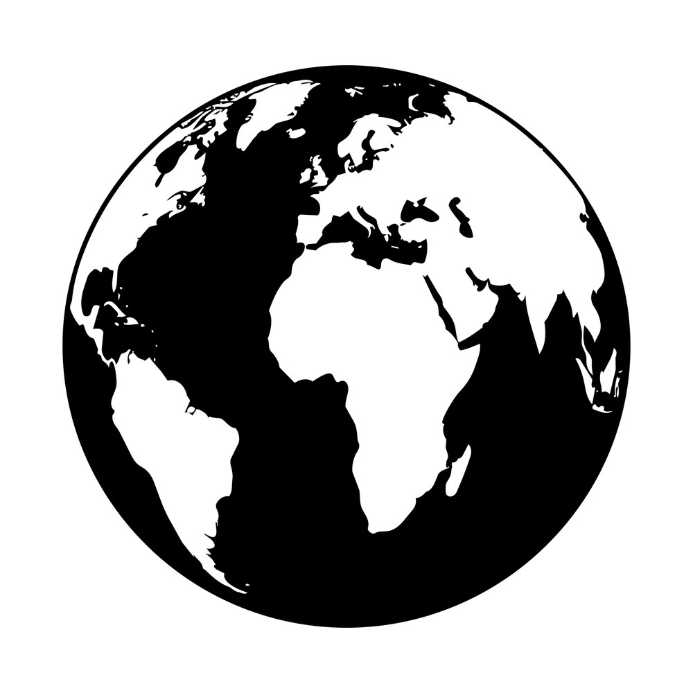 Black globe silhouette with white continents showing the Americas, Africa, Europe and part of Asia