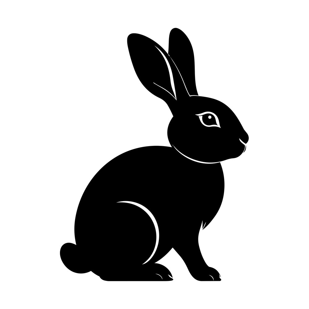 Bold black rabbit silhouette in side profile, sitting with long ears up and round tail